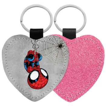 Spiderman upside down, Μπρελόκ PU δερμάτινο glitter καρδιά ΡΟΖ