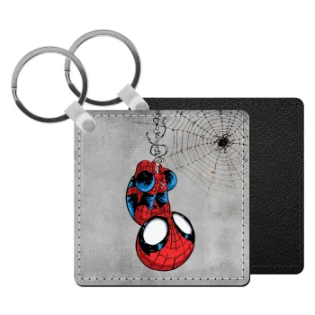 Spiderman upside down, Μπρελόκ Δερματίνη, τετράγωνο ΜΑΥΡΟ (5x5cm)