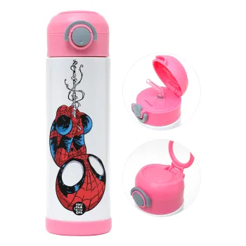 Spiderman upside down, Children's hot water bottle, stainless steel, with safety straw, PINK (500ml)
