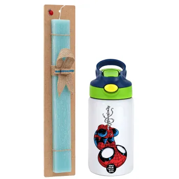 Spiderman upside down, Πασχαλινή Λαμπάδα με Παιδικό παγούρι θερμό, ανοξείδωτο, με καλαμάκι ασφαλείας, πράσινο/μπλε (350ml) & κερί αρωματικό πλακέ (30cm) (ΤΙΡΚΟΥΑΖ)