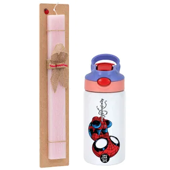 Spiderman upside down, Πασχαλινή Λαμπάδα με Παιδικό παγούρι θερμό, ανοξείδωτο, με καλαμάκι ασφαλείας, ροζ/μωβ (350ml) & κερί αρωματικό πλακέ (30cm) (ΡΟΖ)