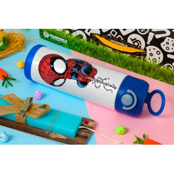 Spiderman upside down, Πασχαλινή Λαμπάδα με Παιδικό παγούρι θερμό, ανοξείδωτο, με καλαμάκι ασφαλείας, ΜΠΛΕ (500ml)