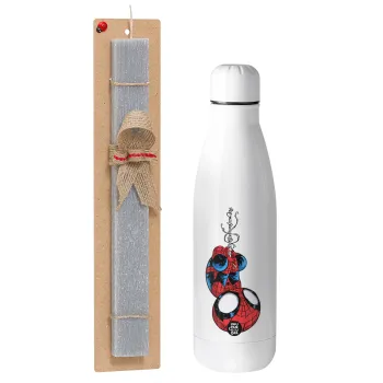 Spiderman upside down, Easter Set, metallic stainless thermos bottle (500ml) & scented flat Easter candle (30cm) (GRAY)