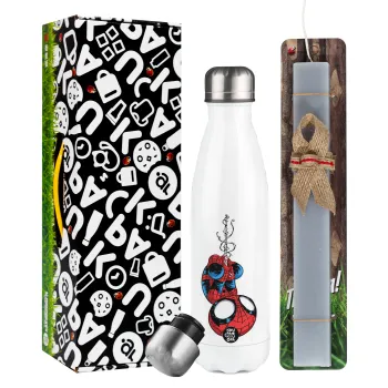 Spiderman upside down, Πασχαλινή Λαμπάδα με μεταλλικό παγούρι θερμός λευκός (500ml) & λαμπάδα αρωματική πλακέ (30cm) (ΓΚΡΙ)