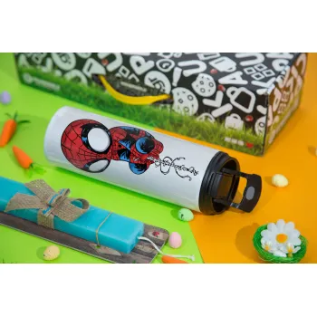 Spiderman upside down, Πασχαλινή Λαμπάδα με Travel Tumbler θερμό με διπλό καπάκι (600ml, BPA free) & κερί αρωματικό πλακέ (30cm) (ΤΙΡΚΟΥΑΖ)