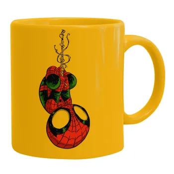 Spiderman upside down, Κούπα, κεραμική κίτρινη, 330ml