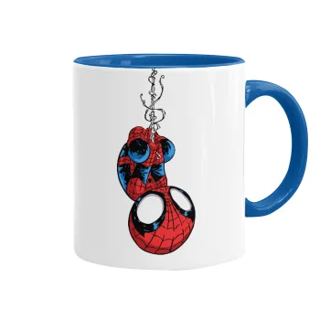 Spiderman upside down, Mug colored blue, ceramic, 330ml