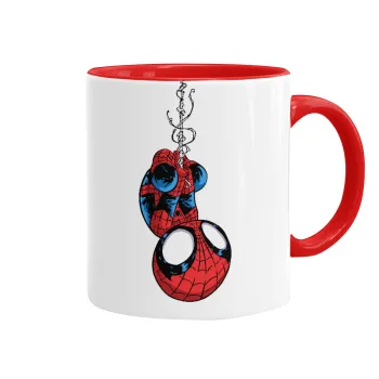 Spiderman upside down, Κούπα χρωματιστή κόκκινη, κεραμική, 330ml