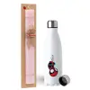Easter Set, metallic stainless steel water bottle (750ml) & scented flat Easter candle (30cm) (PINK)