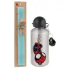 Easter Set, metallic silver aluminum water bottle (500ml) & scented flat Easter candle (30cm) (TURQUOISE)
