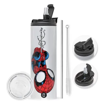 Spiderman upside down, Travel Tumbler θερμό με διπλό καπάκι, μεταλλικό καλαμάκι και βούρτσα καθαρισμού (Ανωξείδωτο 304 Food grade, BPA free, 600ml)