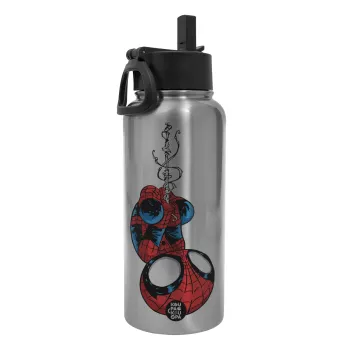 Spiderman upside down, Μεταλλικό παγούρι θερμός Silver με καλαμάκι και χερούλι (Stainless steel), διπλού τοιχώματος, 950ml