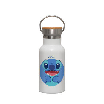 Lilo & Stitch blue, Μεταλλικό παγούρι θερμός (Stainless steel) Λευκό με ξύλινο καπακι (bamboo), διπλού τοιχώματος, 350ml