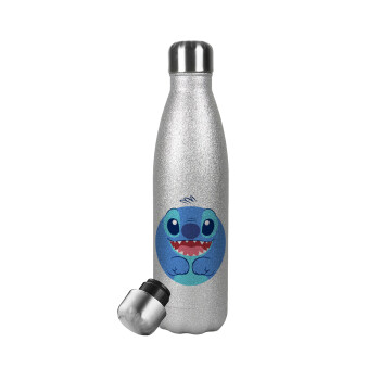 Lilo & Stitch blue, Metallic Glitter Silver Thermos Flask (Stainless steel), double-walled, 500ml
