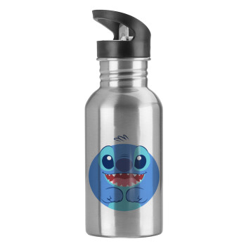 Lilo & Stitch blue, Water bottle Silver with straw, stainless steel 600ml