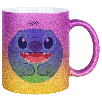 Lilo & Stitch blue, Κούπα Χρυσή/Ροζ Glitter, κεραμική, 330ml