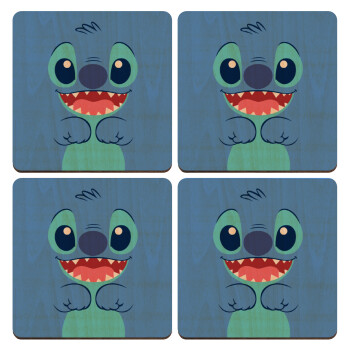 Lilo & Stitch blue, ΣΕΤ x4 Σουβέρ ξύλινα τετράγωνα plywood (9cm)