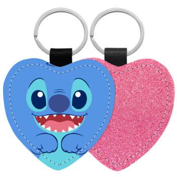 Lilo & Stitch blue, Μπρελόκ PU δερμάτινο glitter καρδιά ΡΟΖ