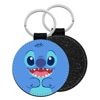 Lilo & Stitch blue, Μπρελόκ Δερματίνη, στρογγυλό ΜΑΥΡΟ (5cm)