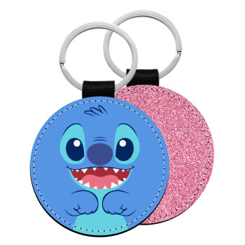 Lilo & Stitch blue, Μπρελόκ Δερματίνη, στρογγυλό ΡΟΖ (5cm)
