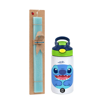 Lilo & Stitch blue, Easter Set, Children's thermal stainless steel bottle with safety straw, green/blue (350ml) & aromatic flat Easter candle (30cm) (TURQUOISE)