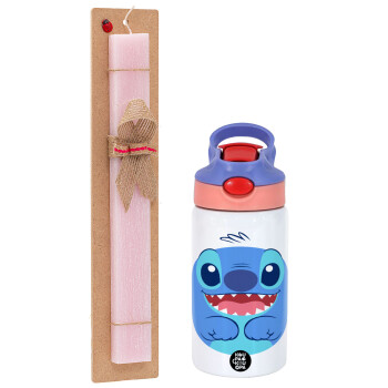 Lilo & Stitch blue, Πασχαλινή Λαμπάδα με Παιδικό παγούρι θερμό, ανοξείδωτο, με καλαμάκι ασφαλείας, ροζ/μωβ (350ml) & κερί αρωματικό πλακέ (30cm) (ΡΟΖ)
