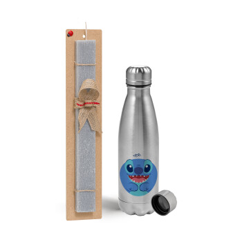 Lilo & Stitch blue, Easter Set, metallic Inox water bottle (750ml) & aromatic flat Easter candle (30cm) (GRAY)