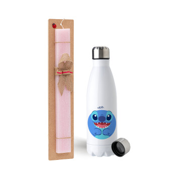 Lilo & Stitch blue, Easter Set, metallic stainless steel water bottle (750ml) & scented flat Easter candle (30cm) (PINK)