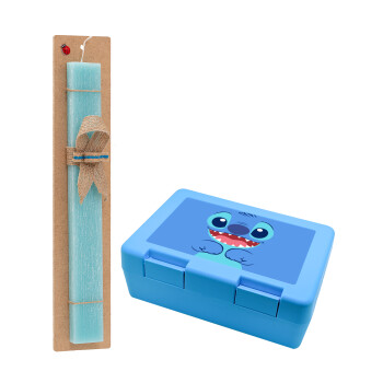 Lilo & Stitch blue, Πασχαλινό Σετ, παιδικό δοχείο κολατσιού ΓΑΛΑΖΙΟ & πασχαλινή λαμπάδα αρωματική πλακέ (30cm) (ΤΙΡΚΟΥΑΖ)