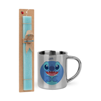 Lilo & Stitch blue, Easter Set, metallic thermal cup (300ml) & aromatic flat Easter candle (30cm) (TURQUOISE)
