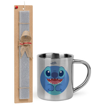 Lilo & Stitch blue, Easter Set, metallic thermal cup (300ml) & Easter aromatic flat candle (30cm) (GRAY)