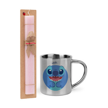 Lilo & Stitch blue, Easter Set, metallic thermal cup (300ml) & aromatic flat Easter candle (30cm) (PINK)