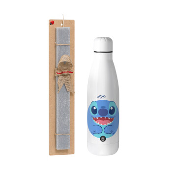 Lilo & Stitch blue, Easter Set, metallic stainless thermos bottle (500ml) & scented flat Easter candle (30cm) (GRAY)