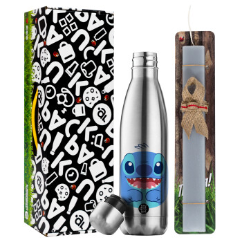 Lilo & Stitch blue, Easter Set, metallic stainless thermos flask (500ml) & scented flat Easter candle (30cm) (GRAY)