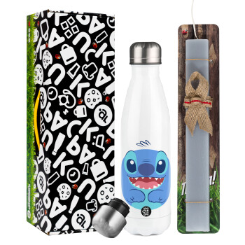 Lilo & Stitch blue, Easter candle, metallic white thermos bottle (500ml) & aromatic flat candle (30cm) (GRAY)