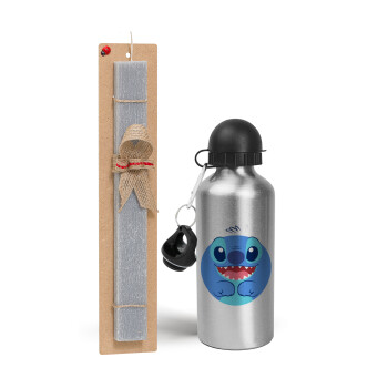 Lilo & Stitch blue, Easter Set, metallic silver aluminum water bottle (500ml) & aromatic flat Easter candle (30cm) (GRAY)