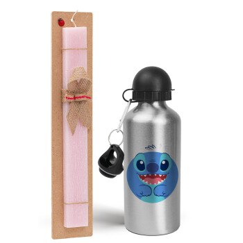 Lilo & Stitch blue, Easter Set, metallic Silver aluminum water bottle (500ml) & scented flat Easter candle (30cm) (PINK)