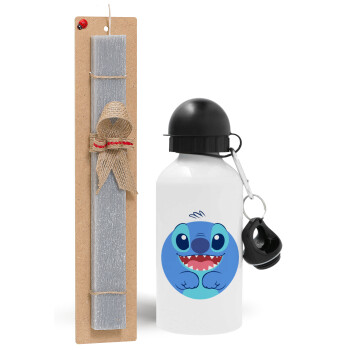 Lilo & Stitch blue, Easter Set, metallic aluminum water bottle (500ml) & aromatic flat Easter candle (30cm) (GRAY)
