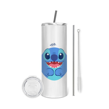 Lilo & Stitch blue, Eco friendly ποτήρι θερμό (tumbler) από ανοξείδωτο ατσάλι 600ml, με μεταλλικό καλαμάκι & βούρτσα καθαρισμού