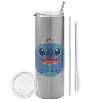 Lilo & Stitch blue, Eco friendly stainless steel Silver tumbler 600ml, with metal straw & cleaning brush