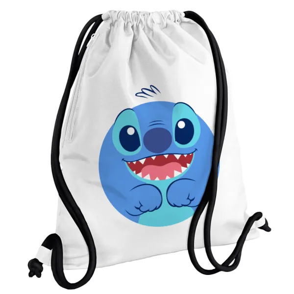 Lilo & Stitch blue — Τσάντα πλάτης πουγκί GYMBAG λευκή, με τσέπη (40x48cm) & χονδρά κορδόνια