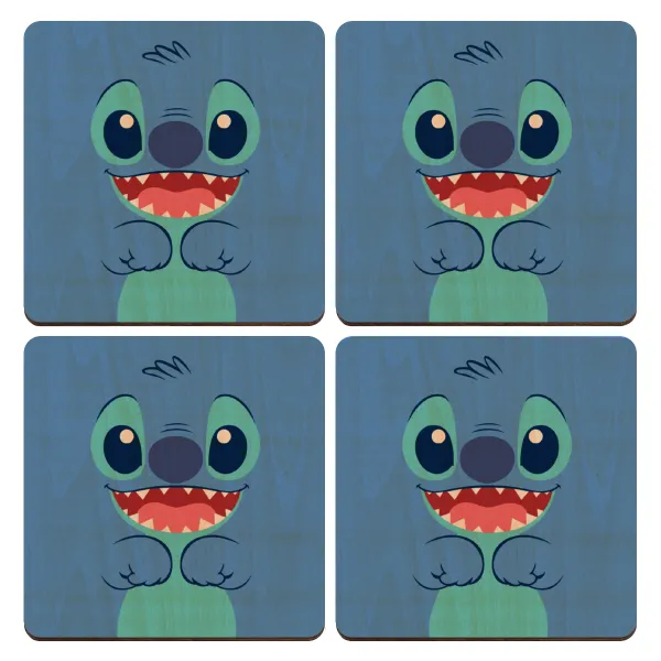 Lilo & Stitch blue — ΣΕΤ x4 Σουβέρ ξύλινα τετράγωνα plywood (9cm)