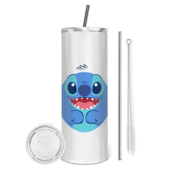 Lilo & Stitch blue, Tumbler ποτήρι θερμό από ανοξείδωτο ατσάλι 600ml, με μεταλλικό καλαμάκι & βούρτσα καθαρισμού