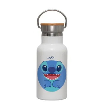 Lilo & Stitch blue, Metallic thermos (Stainless steel) White with wooden lid (bamboo), double-walled, 350ml