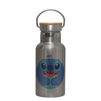 Lilo & Stitch blue, Stainless steel metallic thermos flask, silver with a bamboo lid, double-walled, 350ml.