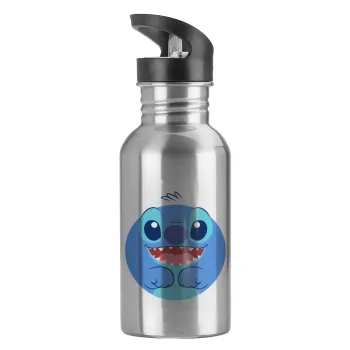 Lilo & Stitch blue, Water bottle Silver with straw, stainless steel 600ml