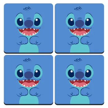 Lilo & Stitch blue, ΣΕΤ 4 Σουβέρ ξύλινα τετράγωνα (9cm)