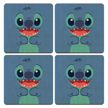 Lilo & Stitch blue, ΣΕΤ x4 Σουβέρ ξύλινα τετράγωνα plywood (9cm)