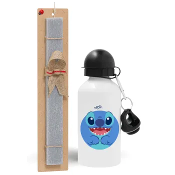 Lilo & Stitch blue, Easter Set, metallic aluminum water bottle (500ml) & aromatic flat Easter candle (30cm) (GRAY)