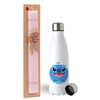 Lilo & Stitch blue, Easter Set, metallic stainless steel water bottle (750ml) & scented flat Easter candle (30cm) (PINK)